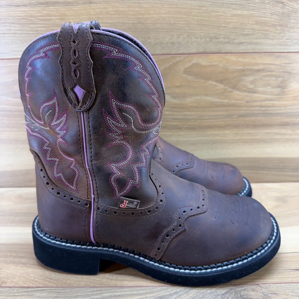 Justin Gypsy Western Boots Womens 7.5 B Brown Pink Leather Rodeo Roper Ranch